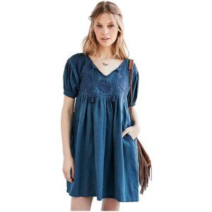 Carolina K. Marganta Embroidered Yoke Babydoll Dress M medium indigo denim blue